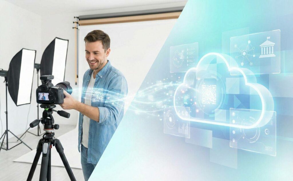 Eine geteilte oder verschmolzene Komposition. Links ein freundliches, gut beleuchtetes Fotostudio. Rechts eine stilisierte, moderne Visualisierung eines Regierungsbüros oder einer digitalen Cloud-Oberfläche. Handlung: Ein leuchtender, ätherischer Datenstrom oder ein schwebender holografischer QR-Code verbindet die Studiokamera mit der digitalen Cloud.