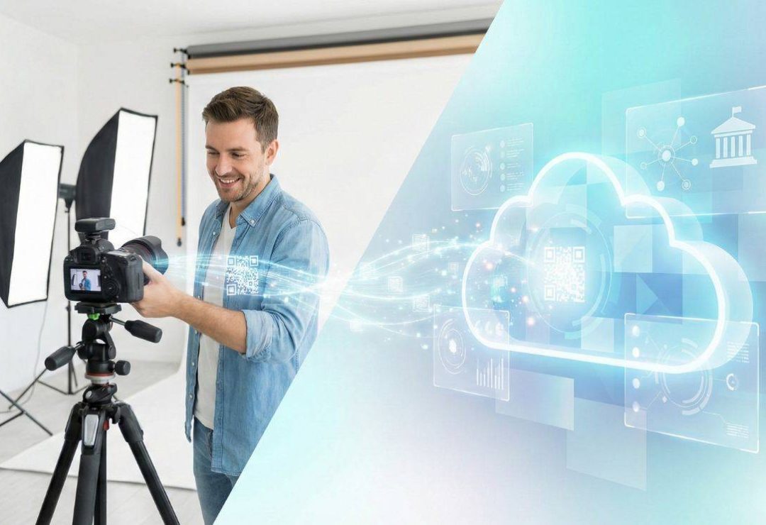 Eine geteilte oder verschmolzene Komposition. Links ein freundliches, gut beleuchtetes Fotostudio. Rechts eine stilisierte, moderne Visualisierung eines Regierungsbüros oder einer digitalen Cloud-Oberfläche. Handlung: Ein leuchtender, ätherischer Datenstrom oder ein schwebender holografischer QR-Code verbindet die Studiokamera mit der digitalen Cloud.