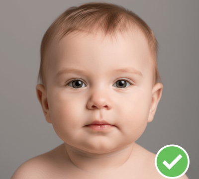 Ein Baby liegt auf einem neutralen Hintergrund für ein Passfoto, das für einen Reisepass oder Personalausweis verwendet werden kann. Die Frontalaufnahme zeigt das Gesicht des Babys mit einem neutralen Gesichtsausdruck und klaren Konturen, ideal für biometrische Passbilder