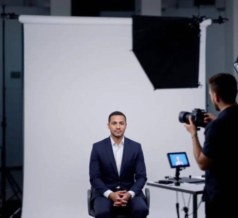 Ein professioneller Fotograf macht biometrische Passfotos in einem modernen Fotostudio, während eine Person in die Kamera schaut. Der Hintergrund ist neutral, um den Anforderungen für Visa-Anträge und Passbilder gerecht zu werden